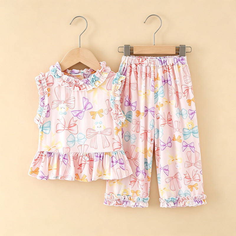 Girls' rayon outerwear set - cartoon print, loungewear, loose fit, breathable, cute summer lightweight lace pajamas