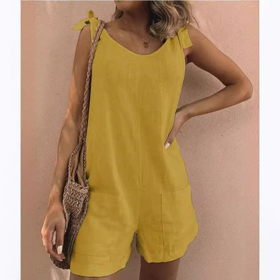 summer   hot-selling solid color cotton linen patch pocket fashion jumpsuit