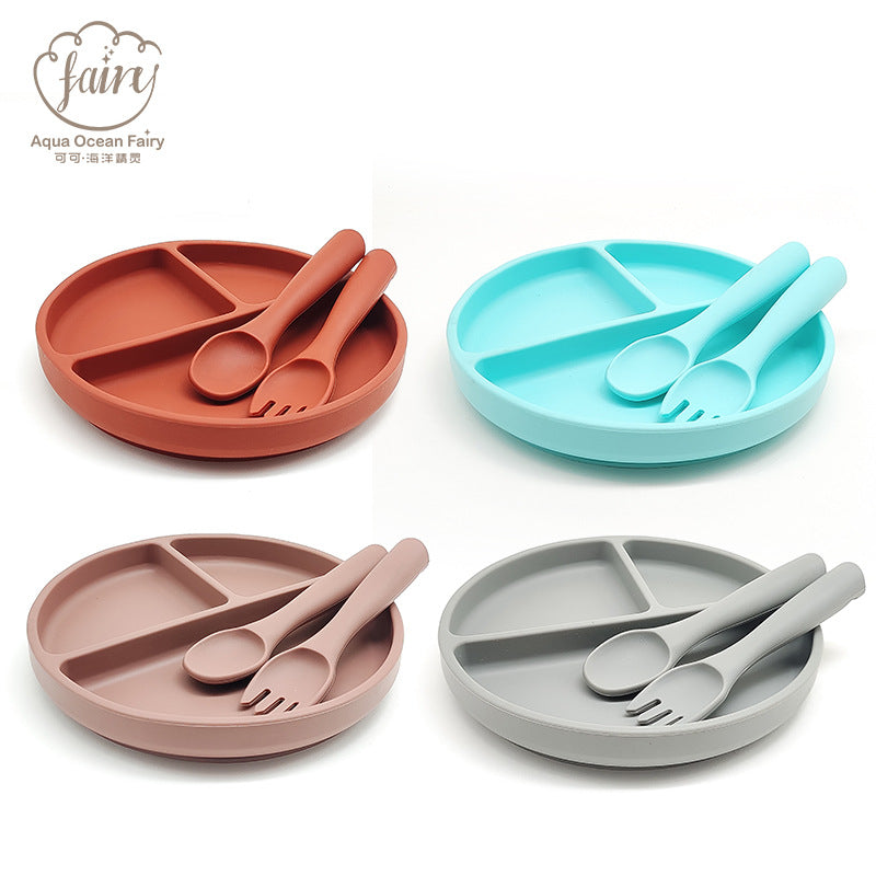 Cross-border wholesale round silicone dinner plate, baby and children's suction cup integrated tableware, learning to eat training grid plate, complementary food bowl