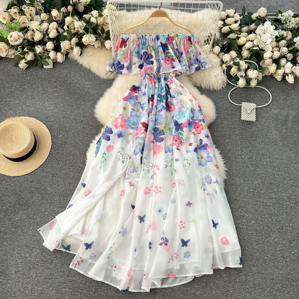 2024 new floral collection resort dress - women's ruffle one-shoulder slim-fit maxi chiffon fairy dress