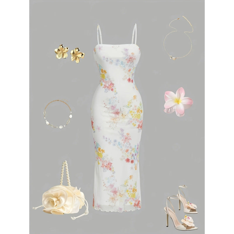 Women's summer new french elegant romantic mesh floral print slim fit waist-cinching camisole midi dress