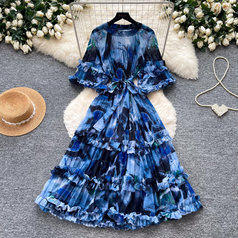 Vintage court style printed bubble sleeve dress - korean style tie-waist ruffle hem fairy dress