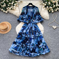 Vintage court style printed bubble sleeve dress - korean style tie-waist ruffle hem fairy dress