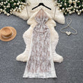 French chic halter neck sleeveless lace dress - women's summer high-waisted slimming versatile elegant maxi dress for work