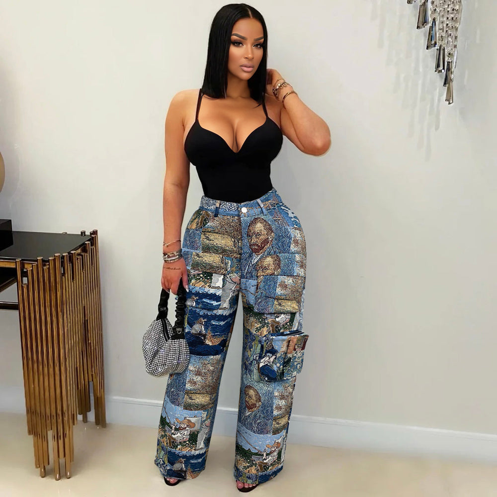 european and american style women's casual trousers - fashionable trendy jacquard retro multi-pocket cargo pants
