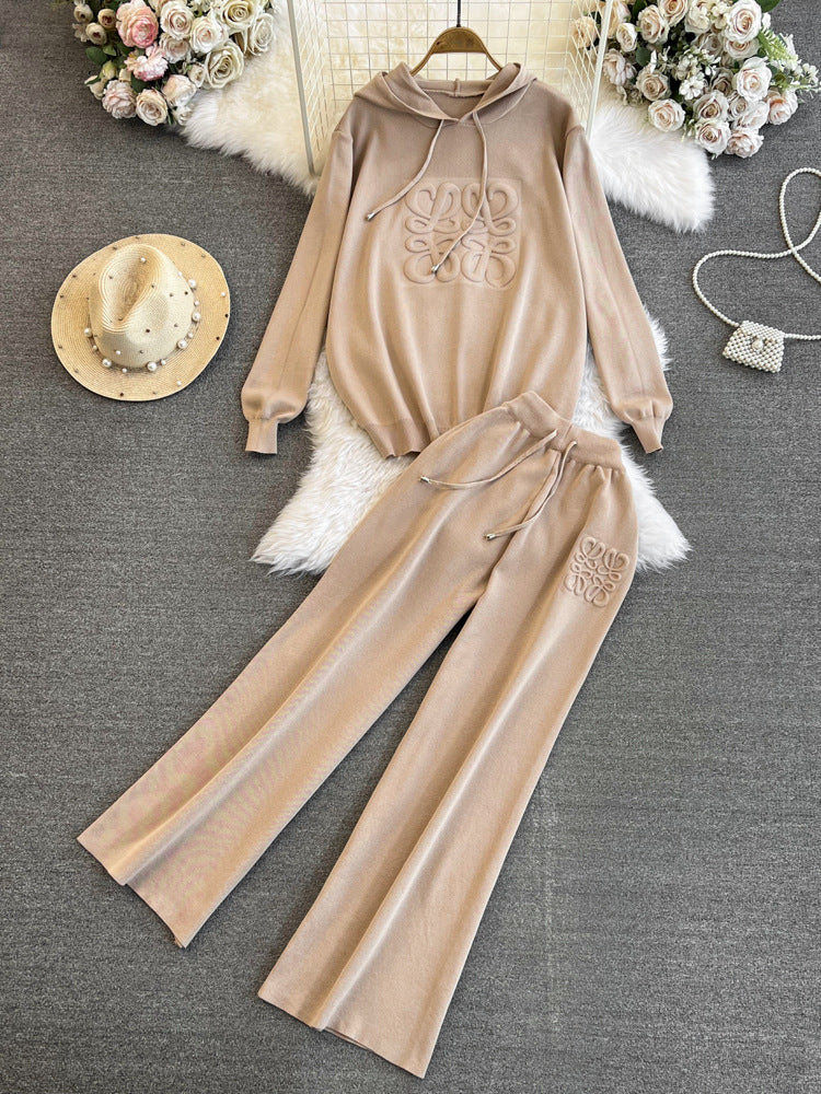Fashionsuitfemalek-stylelooseknittinghoodedsweatshirttwo-piece setcasualhigh waistslimming lookstraight-legloose pants
