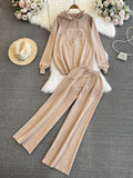 Fashionsuitfemalek-stylelooseknittinghoodedsweatshirttwo-piece setcasualhigh waistslimming lookstraight-legloose pants