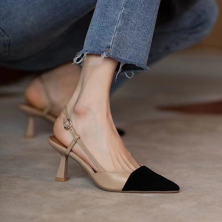 2024 summer new arrival baotou sandals french color block tweed style pointed toe high heels one strap sandals thin heel