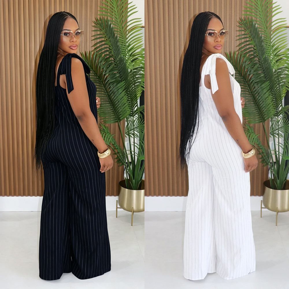 C7698 cross-border   fashion women's casual striped wide-leg jumpsuit with shoulder straps