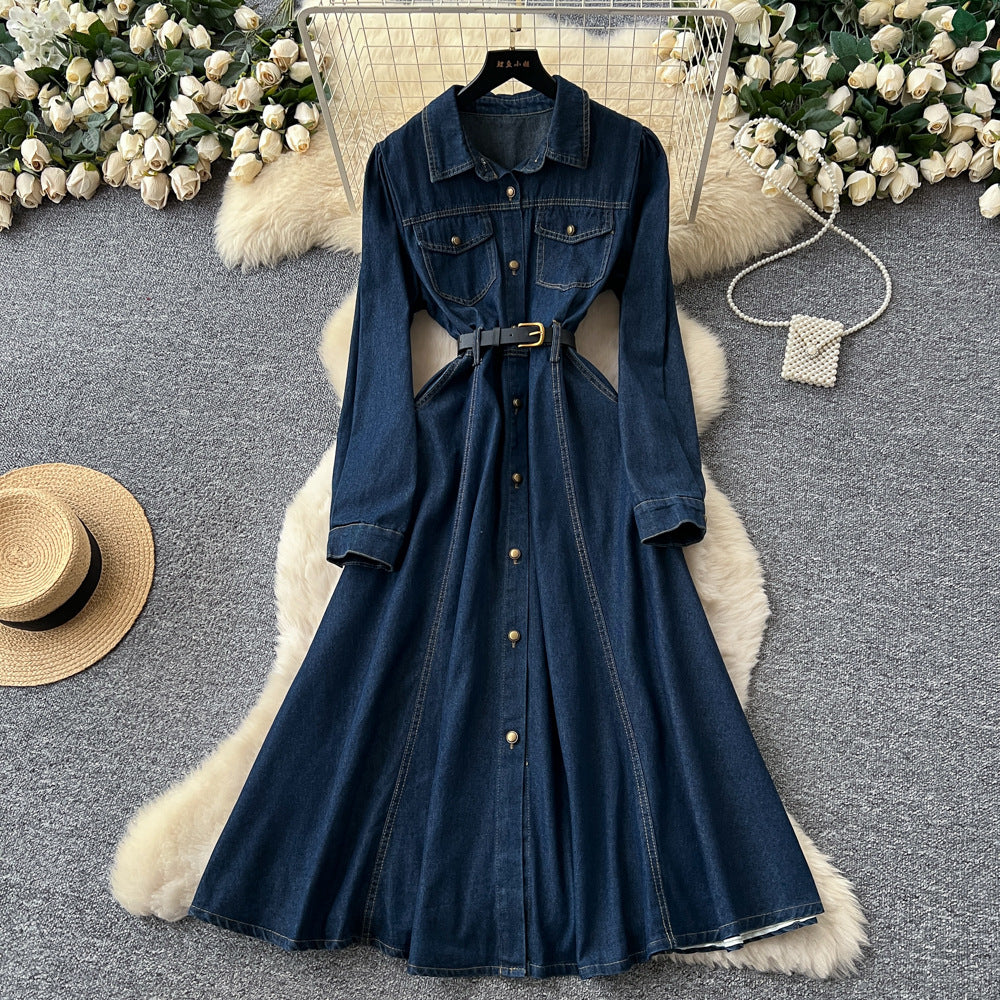 Work clothingretro denim lapel long sleevesnew arrivaldress women's waist slimming look a-line fashion long skirt eleganceelegant