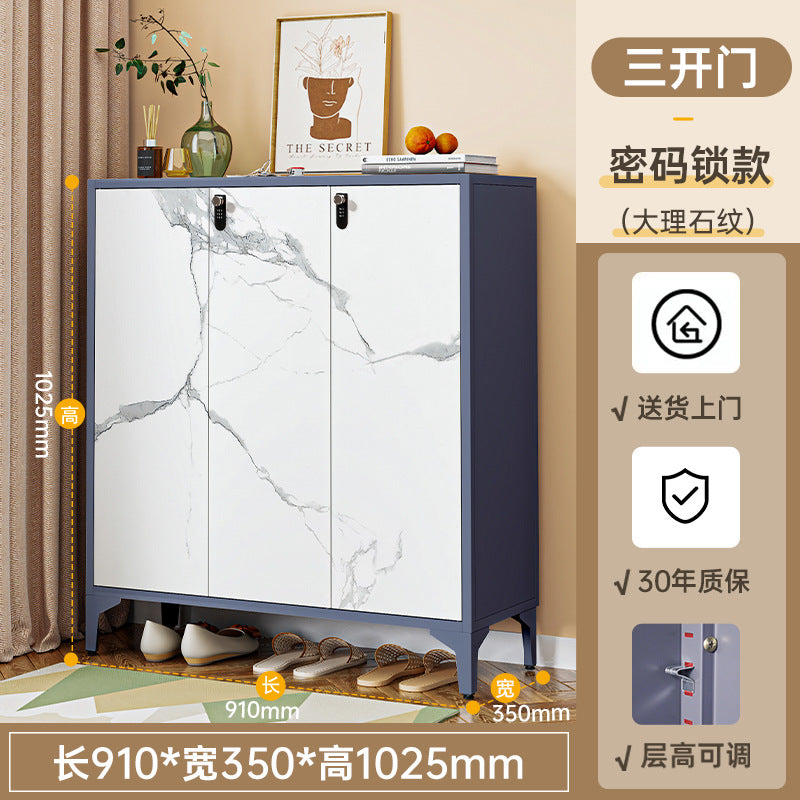 Steel shoe cabinet for home, shoe rack for entryway, hallway organizer with door and lock, minimalist large capacity faux stone shoe cabinet