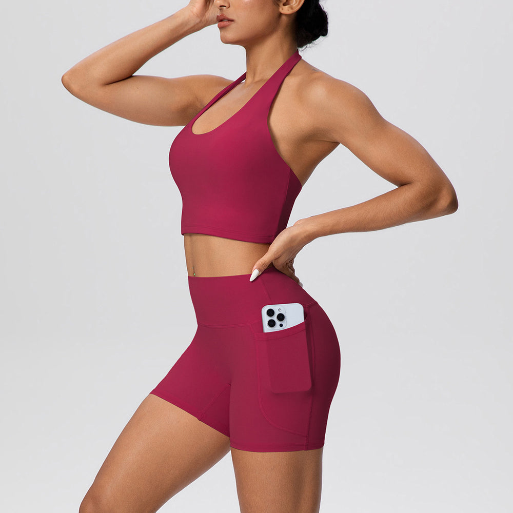 New women's solid color brushed halter tank top and pocket shorts yoga set - two-piece activewear workout outfit