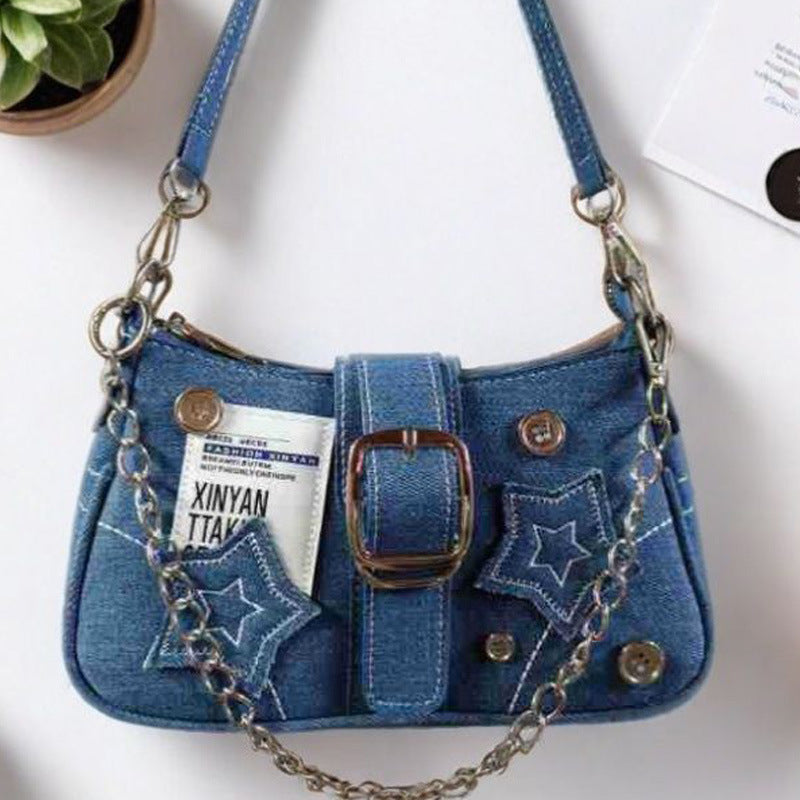 Star denim women's armpit bag new fashion trend niche crescent bag canvas handbag chain shoulder bag