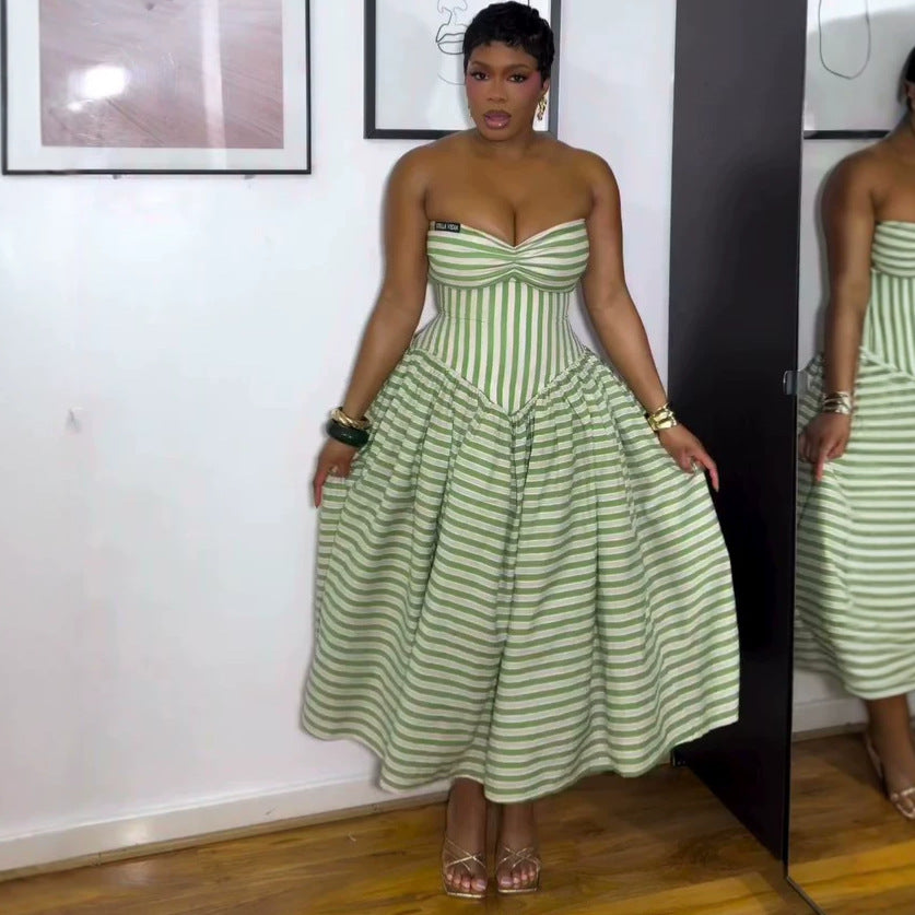 European and american cross-border women's fashion  summer new sexy elegant bandeau striped high-waisted midi dress