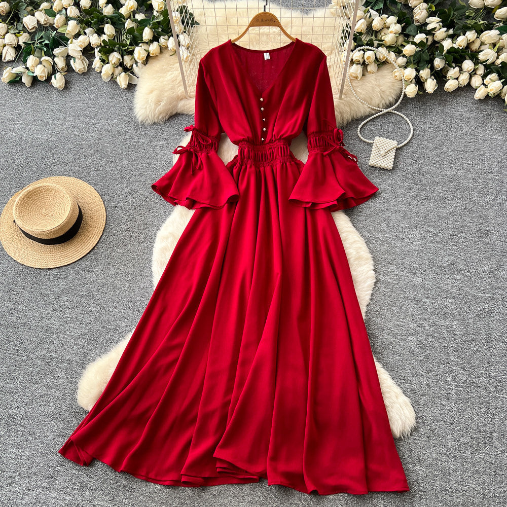 Vintage chic lantern sleeve v-neck tie-up dress - spring korean style women's red slimming waist elegant maxi dress