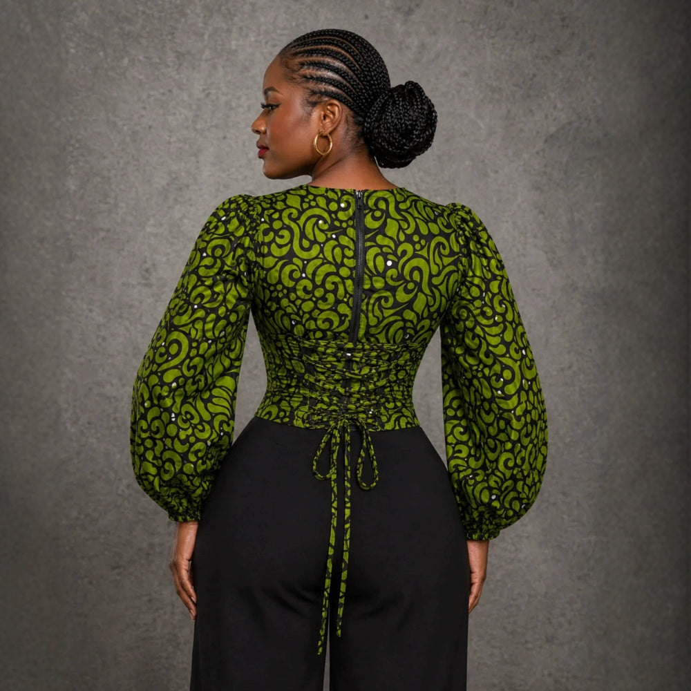 European and american cross-border african women's clothing  summer new arrival: elegant v-neck printed bubble sleeve tie-waist blouse