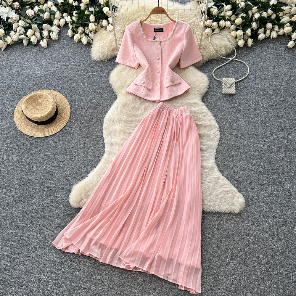 Xiaoxiangfeng pink two-piece set women's summer short-sleeved high waist waist light mature style pleated skirtaccessible luxuryelegantsuit