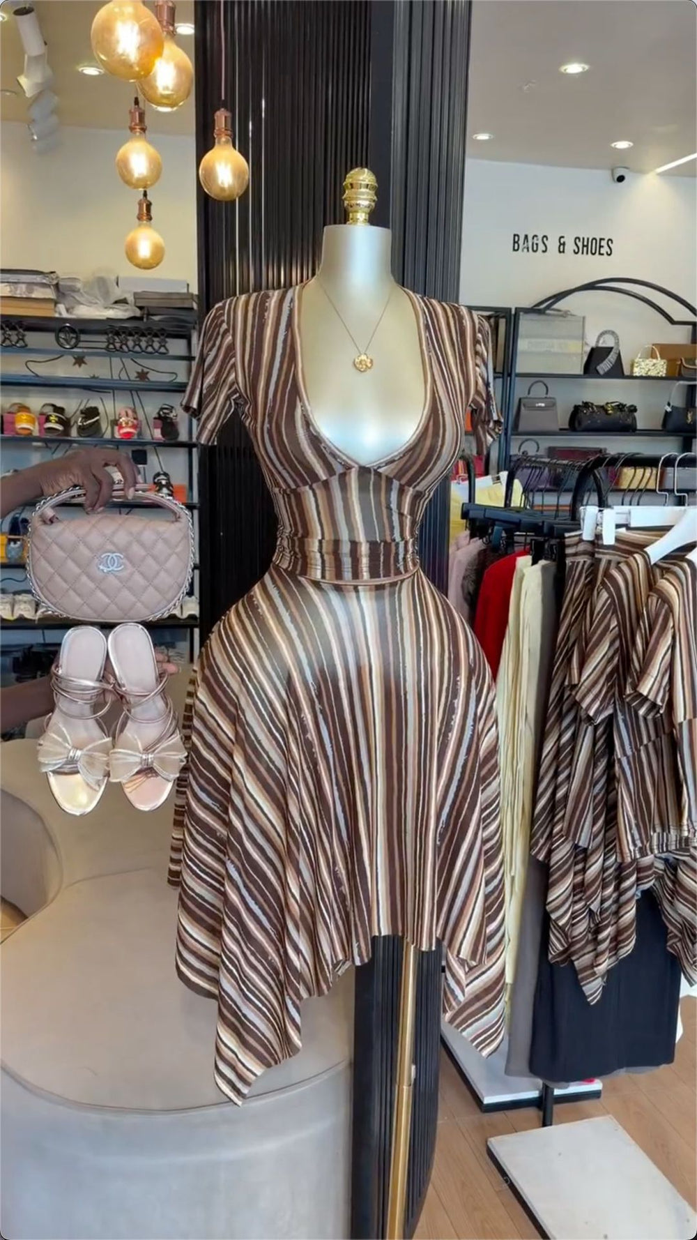 European and american cross-border women's fashion  summer new sexy elegant v-neck striped print top and midi skirt set