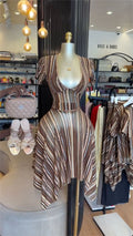 European and american cross-border women's fashion  summer new sexy elegant v-neck striped print top and midi skirt set