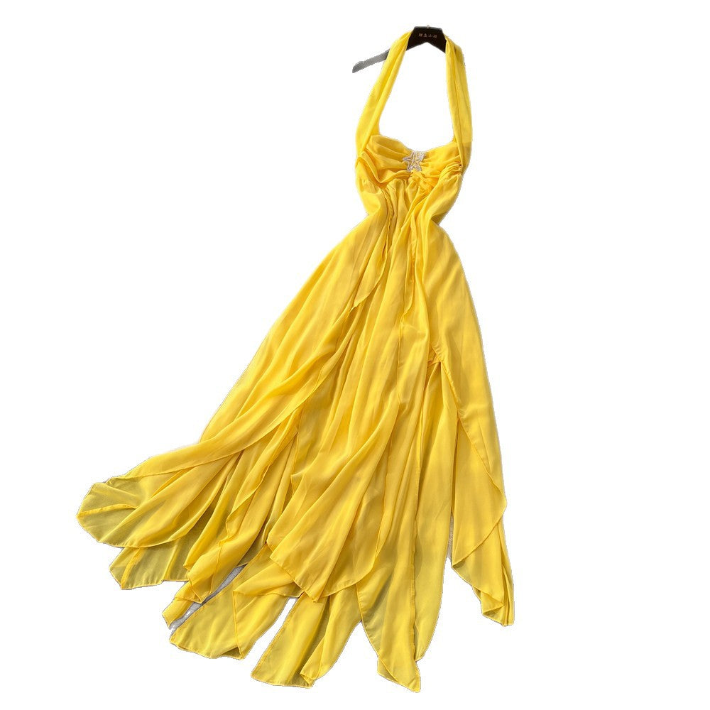 Vacation style halter star elegant style dress female yellow high waistslimming lookasymmetrical long skirt sexyelegant skirt