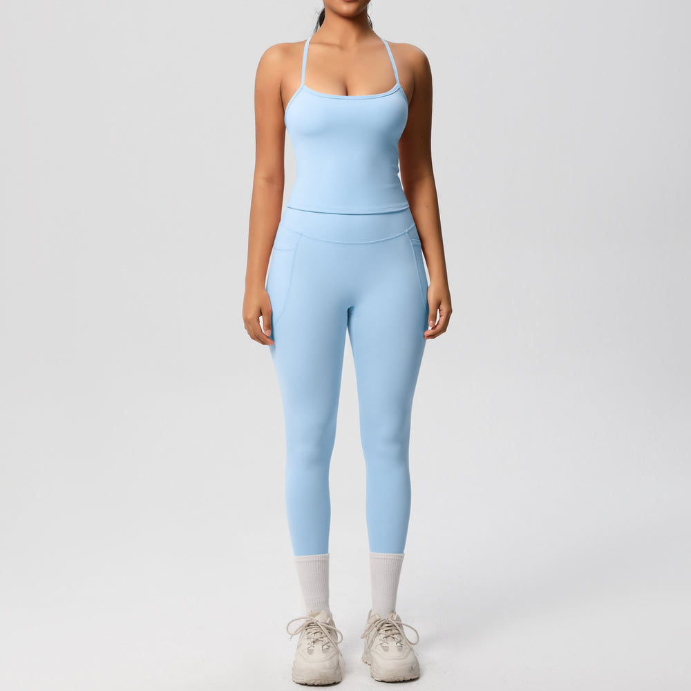 New arrivalpure color sling beautiful back yoga clothes hip pocket tights sports suit cloud-like quick-drying fitness clothes for women