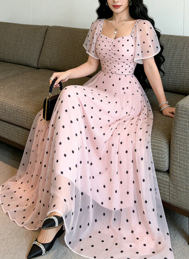 european and american cross-border new arrival: ruffle trim, color block, cinched waist, heart print dress - women's slimming, elegant maxi dress