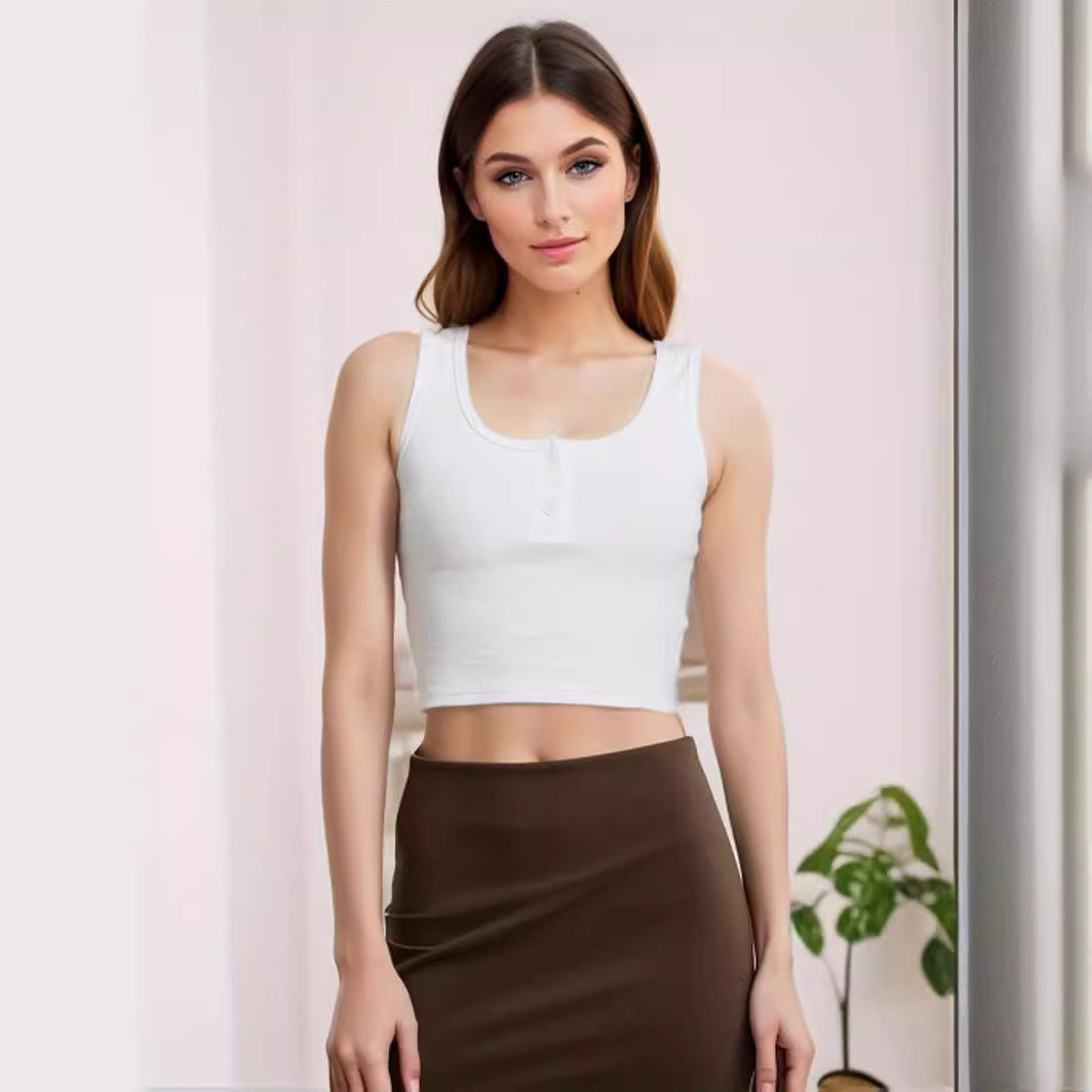 2025 autumn European and American new  women's clothing, sexy slim-fitting open-button pure cotton threaded button sling small vest