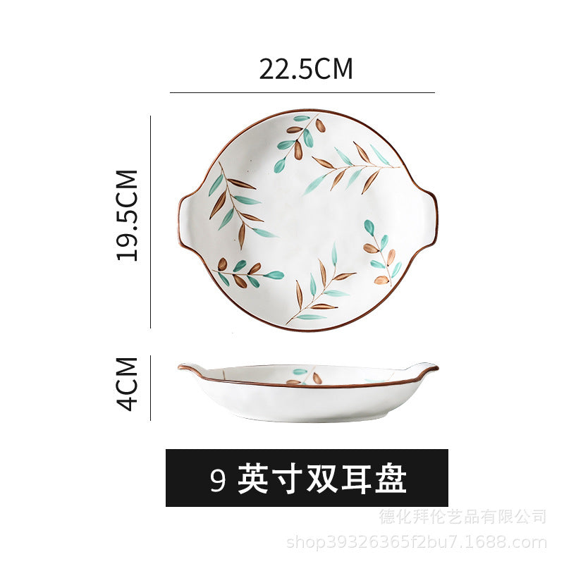Nordic hand-painted leaf ceramic dinnerware set - includes plates, bowls, and dishes with handles for home use: dinner plates, vegetable plates, fish plates, noodle bowls, and snack dishes