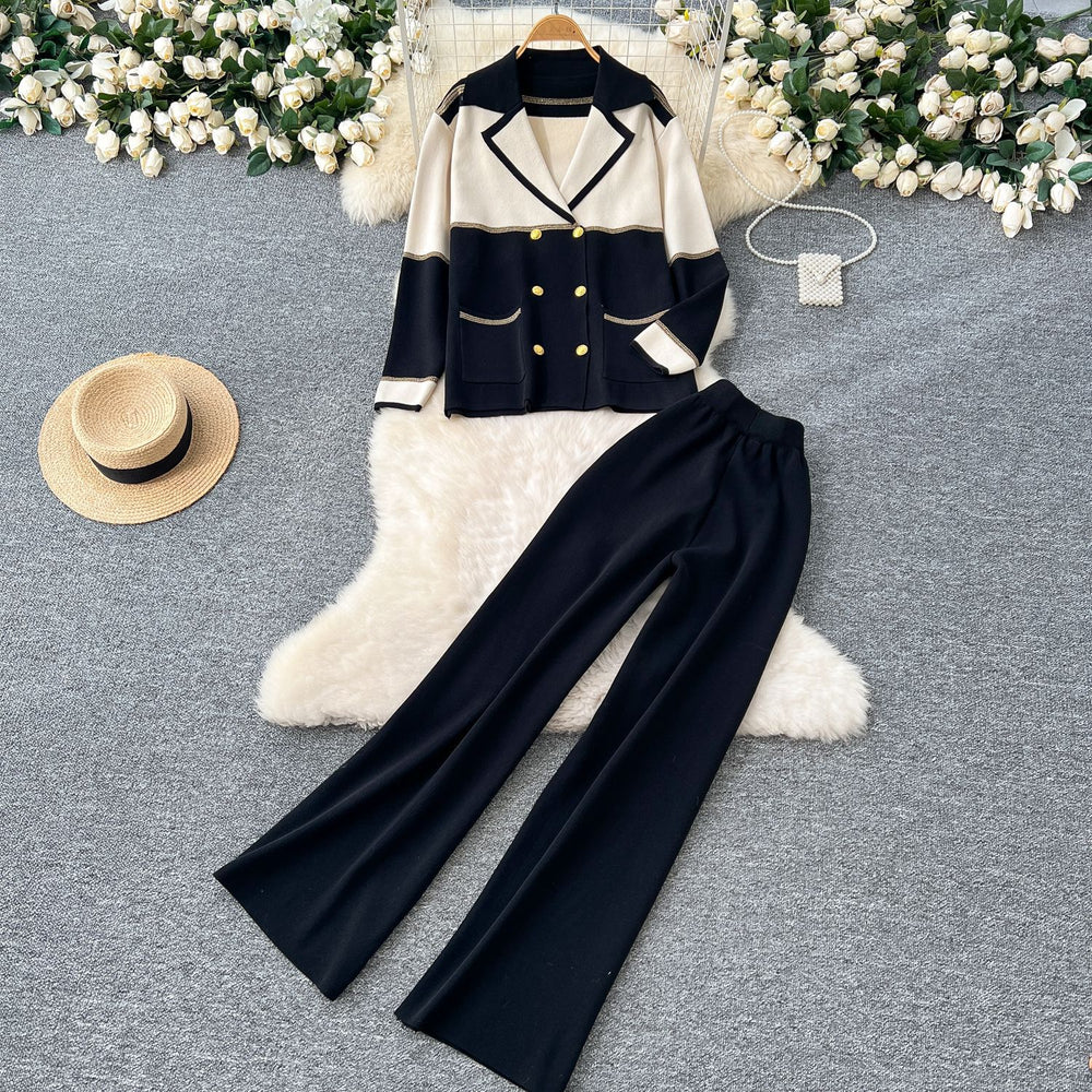 Xiaoxiangfeng outfitsclassysuit women's loosefashion color block lapel knittingcardigan+high waistloose pants