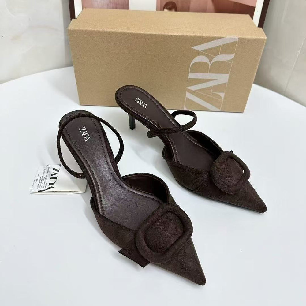 Za women's shoes 2025 new pointed toe high heel sandals women's suede square buckle flats back open outwear toe shoes