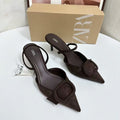 Za women's shoes 2025 new pointed toe high heel sandals women's suede square buckle flats back open outwear toe shoes