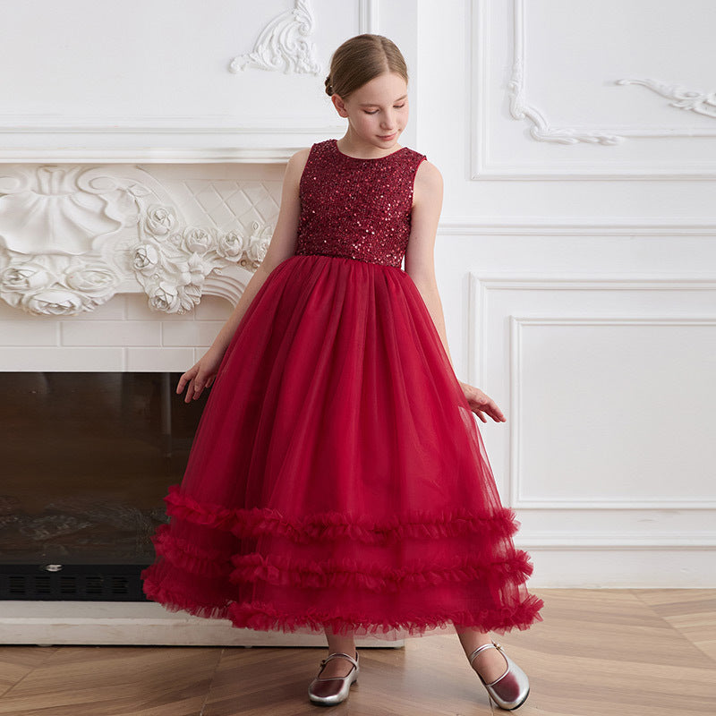 Girls' formal dress - high-end runway mesh skirt, vest dress, elegant hostess style, customized for children's piano recitals, european and american style
