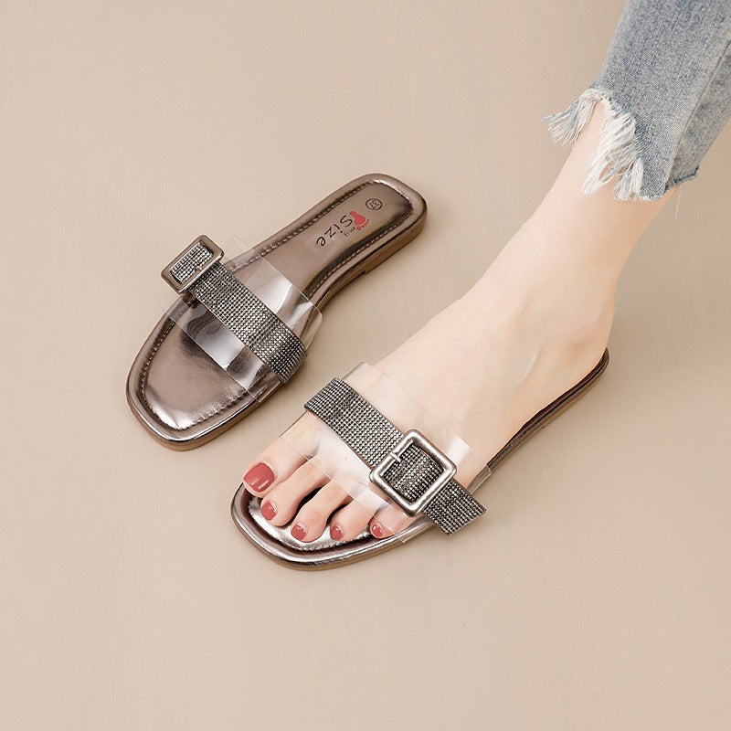 Women's flat slippers - clear straps with rhinestone square buckle, fashionable and versatile outdoor sandals, beach-ready french-style mules