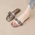 Women's flat slippers - clear straps with rhinestone square buckle, fashionable and versatile outdoor sandals, beach-ready french-style mules