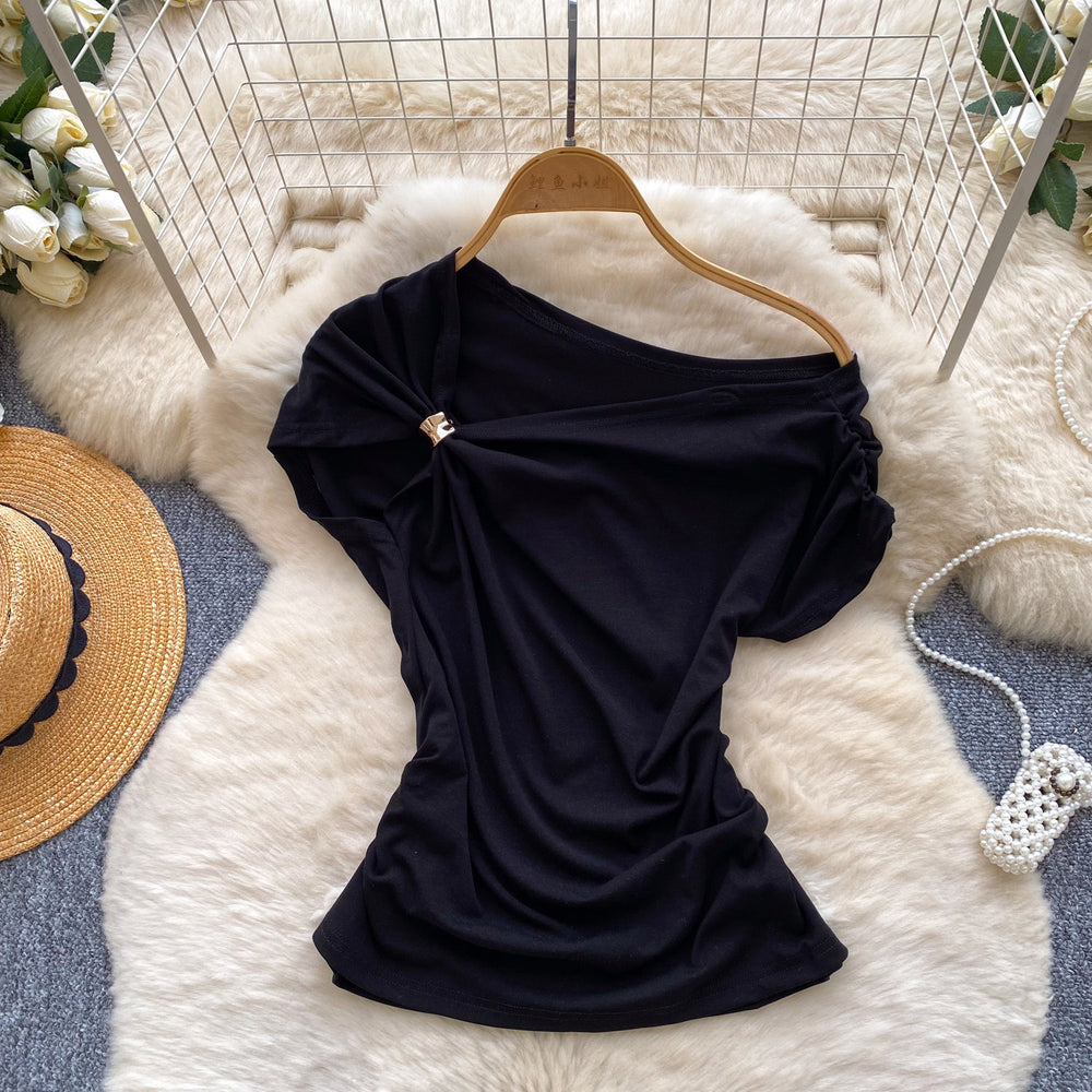 Korean style commute chic off-the-shoulder t-shirt: soft, breathable, relaxed fit with a cinched waist and asymmetrical design