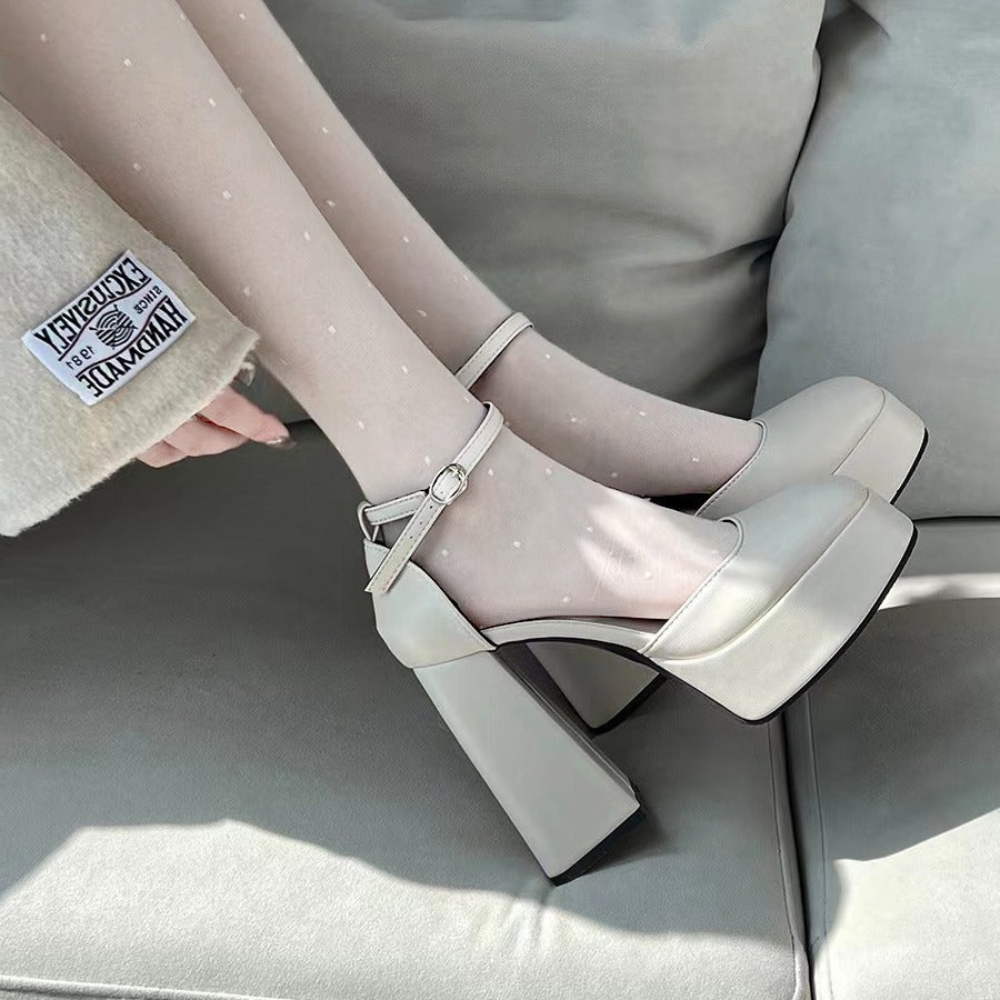 Mary jane chunky heel women's shoes 2025 new fairy style waterproof platform french square toe single strap flats