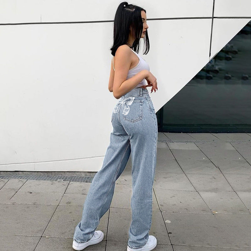 Self-built  fashion cross-border  new butterfly print light color mid-waist denim straight pants