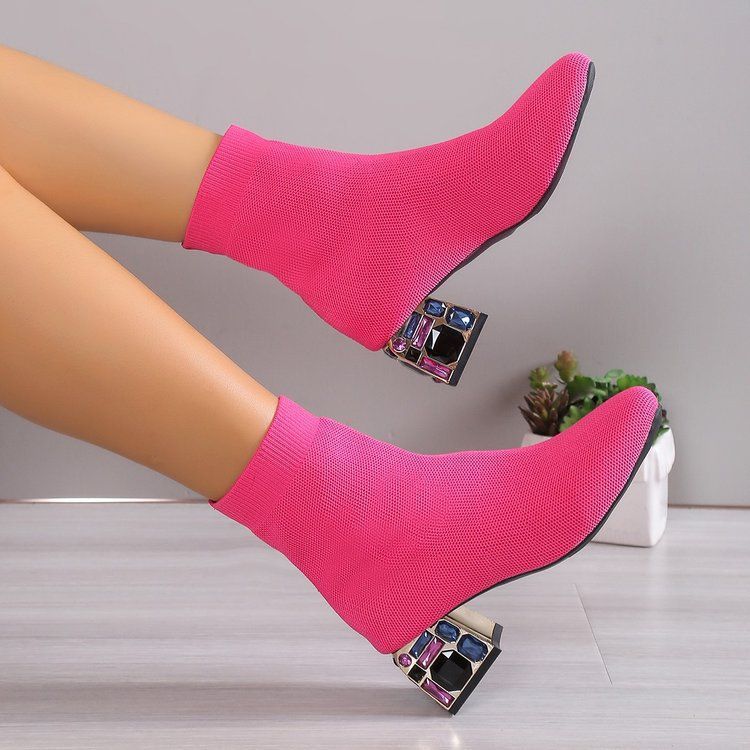Fashion low-top elastic boots fall and winternew arrivalfashion thin boots rhinestone thick heel fly woven square toe short boots women's shoes