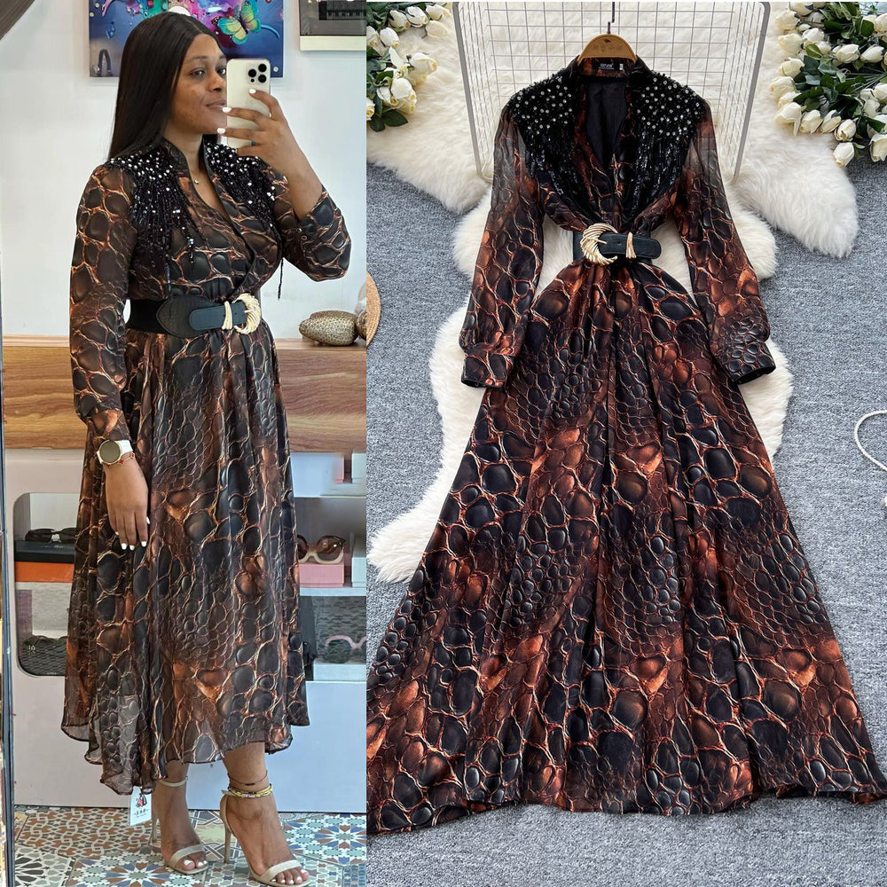 High-end fashionabledress women's french beading sequinembroiderv neck waist long sleeves leopard print printingelegance long skirt