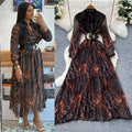 High-end fashionabledress women's french beading sequinembroiderv neck waist long sleeves leopard print printingelegance long skirt