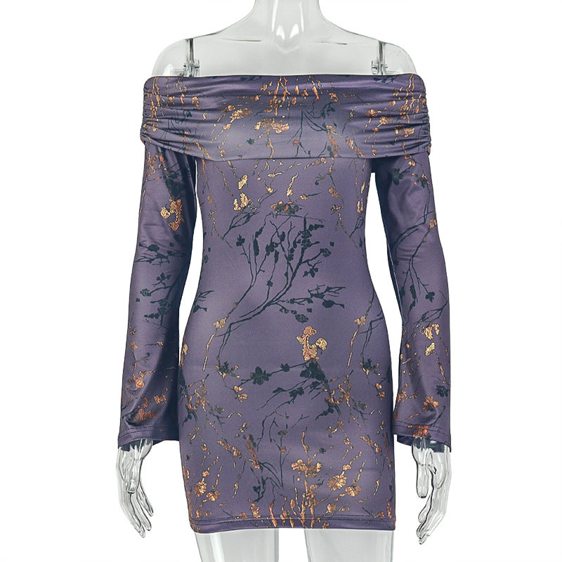 European and american style cross-border chic fashion women's bodycon pleated printed bodycon dress with off-the-shoulder raglan long sleeves