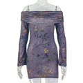 European and american style cross-border chic fashion women's bodycon pleated printed bodycon dress with off-the-shoulder raglan long sleeves
