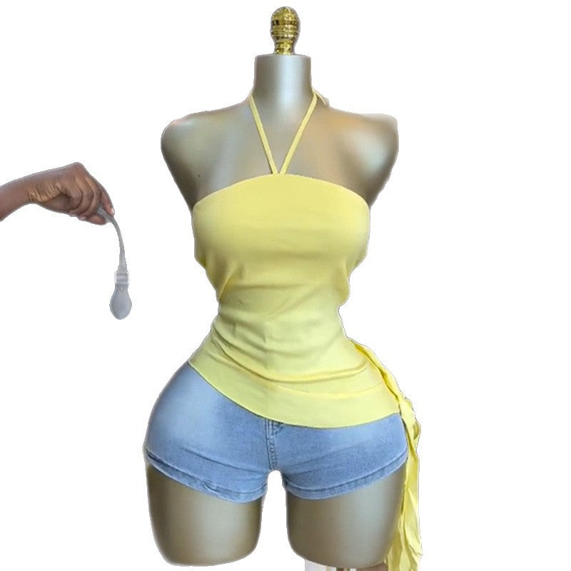 European and american women's clothing  summer sweet and fresh halter neck tube top slimming irregular hem women's blouse