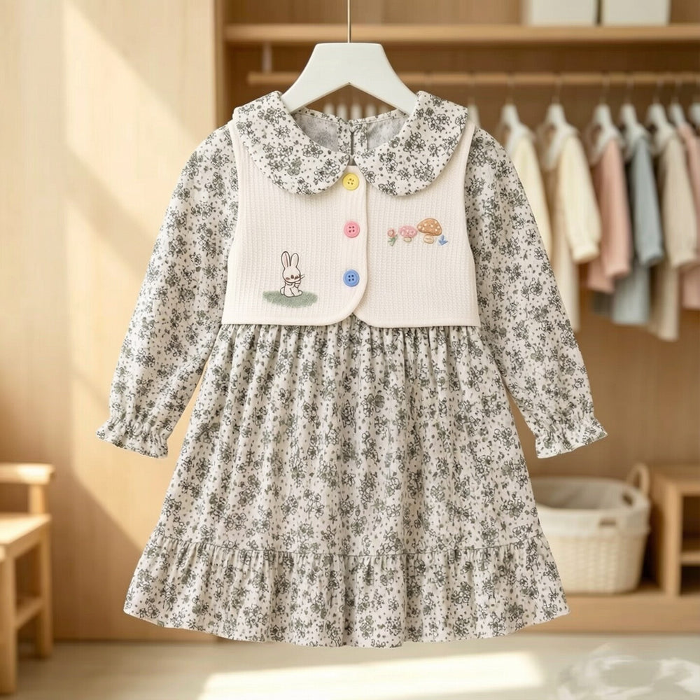 Girls' spring/autumn long-sleeve princess dress - new children's fashionable floral fake two-piece skirt set - kids' clothing