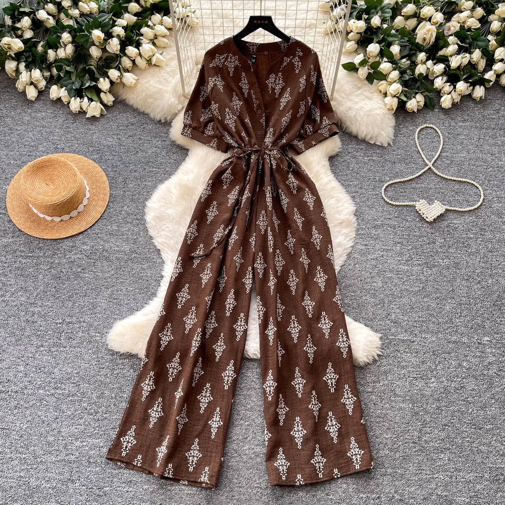 Vintage polka dot v-neck ruched trendy jumpsuit - women's  summer high-waisted slimming wide leg straight leg pants
