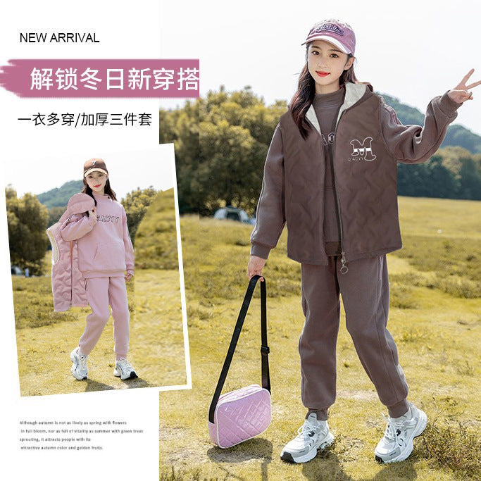 Girls' fall/winter hooded three-piece set, big girls' cotton-padded outfit,  new stylish children's winter clothes, thickened cotton-padded jacket