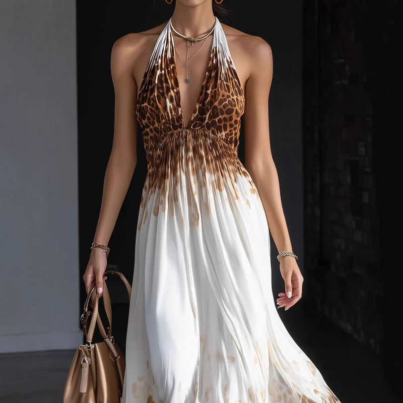Amazon european style elegant casual leopard print halter sleeveless summer dress - new arrival
