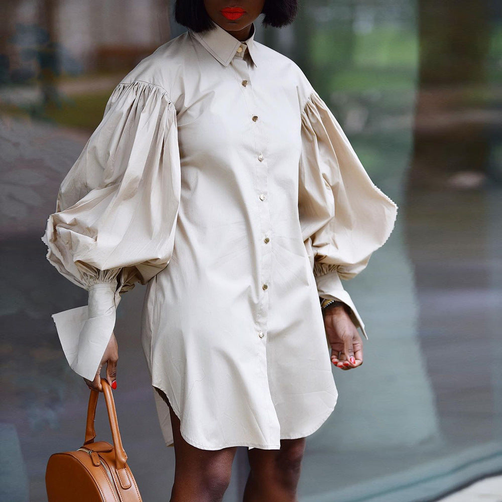 D165 european and american  summer plus size loose puff sleeve solid color slit lapel long sleeve shirt dress cross-border dress