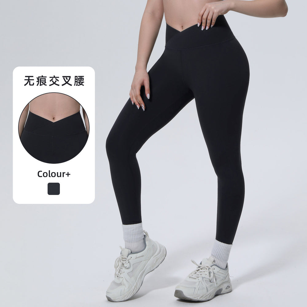 Fashionable and personalized seamless cross-waist tight abdominal yoga pants high waist hip lifting running fitness sports pants for women