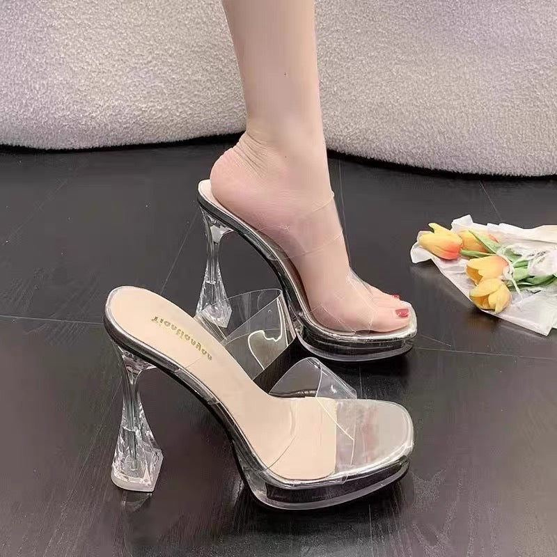 11cm super high heels catwalk model car show catwalk shoes transparent crystal sandals fish mouth waterproof platform thick heel sandals